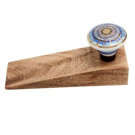 2 Pieces Blue Sapphire Hue Golden Pattern Ceramic Wooden Door Stopper
